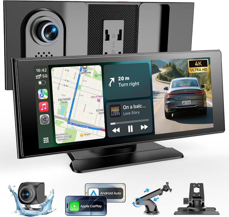 WonVon Wireless Car Play Screen, 10.26'' Monitor with Apple Carplay & Android Auto, 4K Dash Cam 64G, 1080P Backup Camera, Portable Smart Touch Tablet Stereo Multimedia Dashboard, Bluetooth/FM/GPS/AUX - Image 1